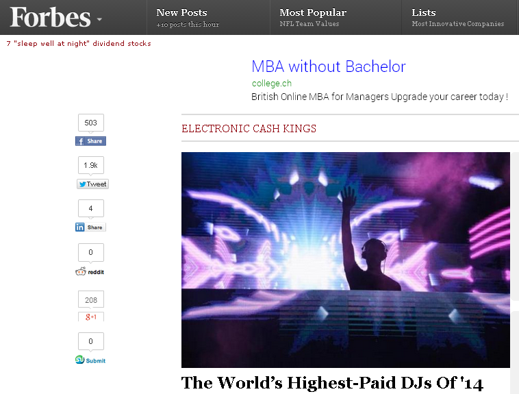 米フォーブス誌の「2014年世界で最も稼いでいるDJランキング」